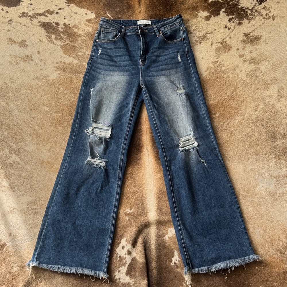 Risen Distressed Denim Wide-Leg Jeans size 29/9